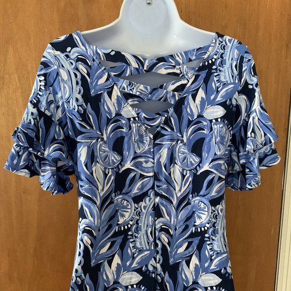 Lilly Pulitzer Shift Dress Short Ruffle Sleeves Blue Pink Tropical Print Size S - Picture 5 of 7